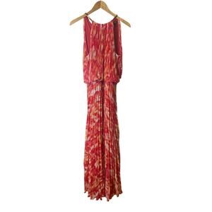 MSK Women's Gold Chain Halter Red Orange Floral Maxi Pleated Gown Dress Size 12